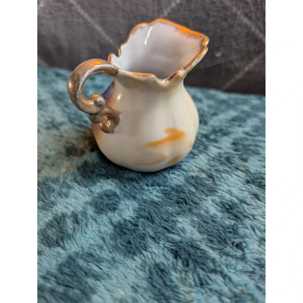 Vintage Miniature Porcelain Pitcher Fruit Motif Gold Gilt Trim E2359 Small Vase
